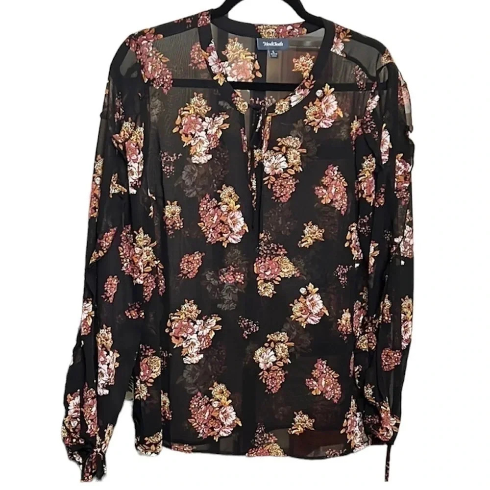 MODCLOTH Pleased to Meet You Sheer Floral Black Blouse Size L